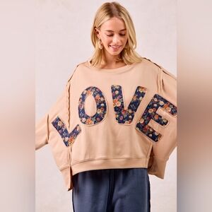 Floral 'LOVE' Appliqué Boxy Sweatshirt - Beige